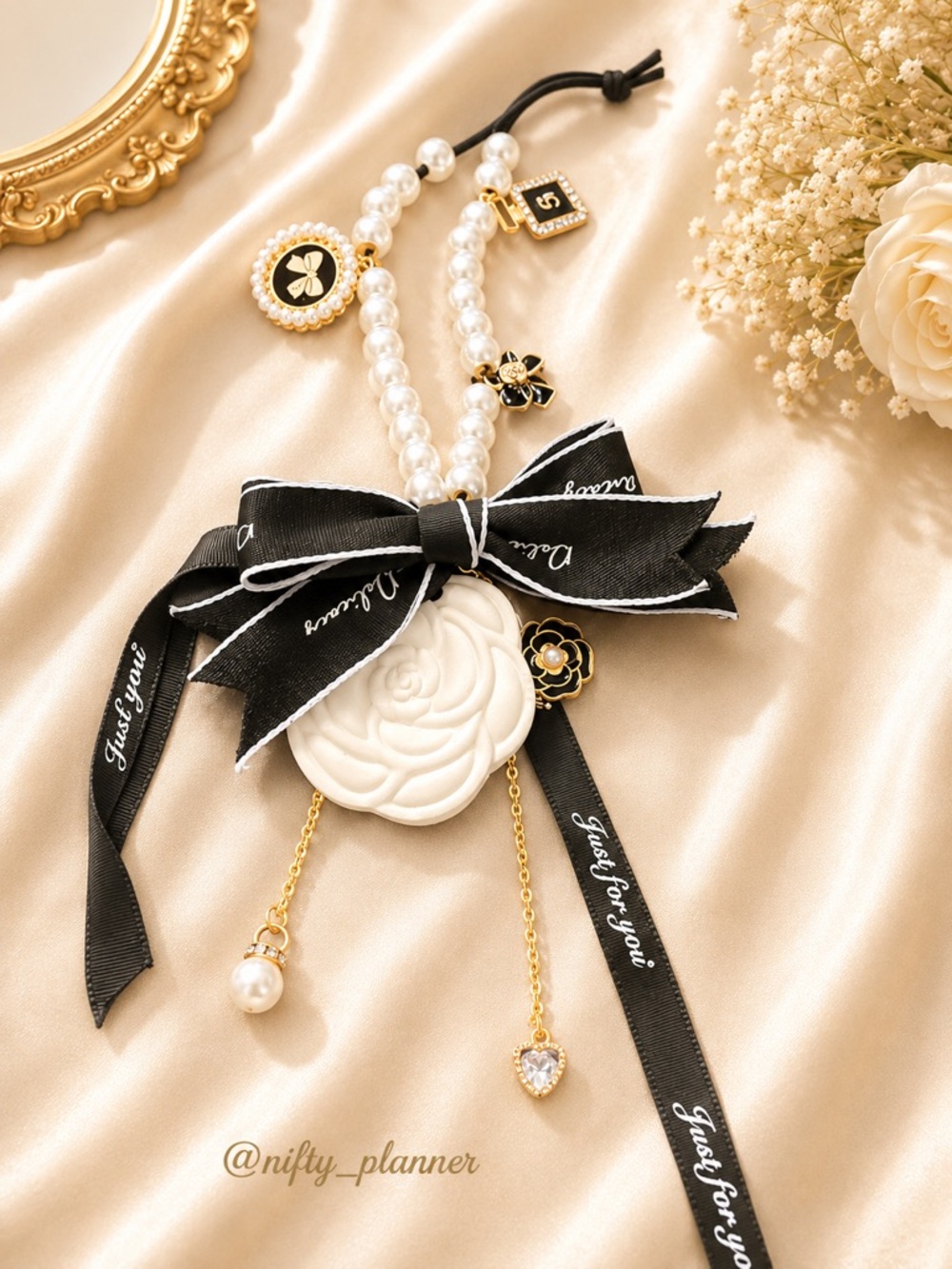 Pearl & Bow Floral Pendant Necklace in Black and White